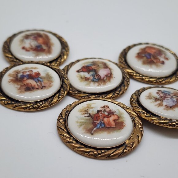 Vintage Porcelain Pendant on Brass Frame Embellishments Courting Couple Set of 8 - Picture 9 of 9